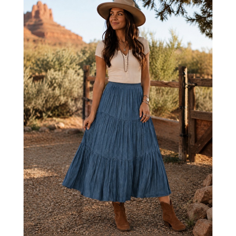 St. Joanne Jeans Broomstick Skirt Blue Denim Tiered Maxi Elastic One Size S M L